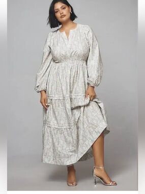 Anthropologie long sleeve Somerset Maxi Dress with Sage Leaf Motif